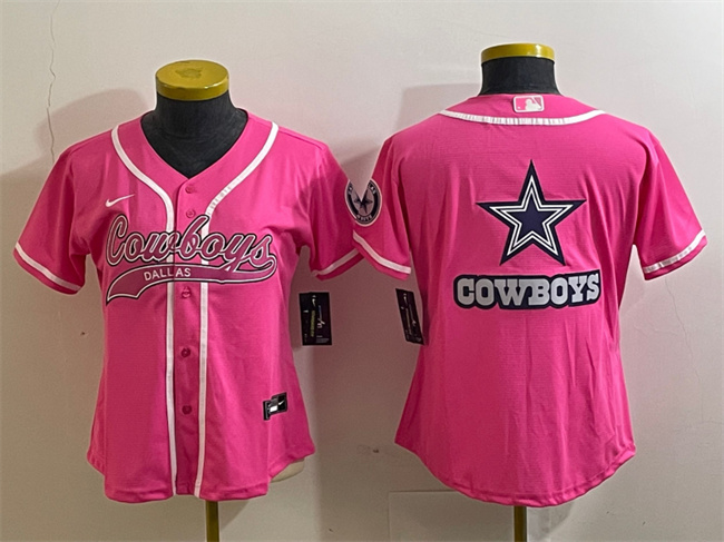 Women's Dallas Cowboys Pink Team Big Logo With Patch Cool Base Stitched Baseball Jersey(Run Small)